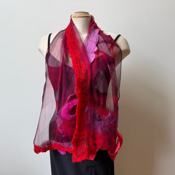 Red art scarf. Hand painted and hand felted silk and merino wool art shawl. One of a kind