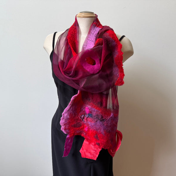Red art scarf. Hand painted and hand felted silk and merino wool art shawl. One of a kind