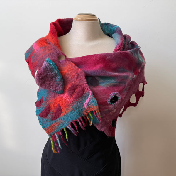 Red hand painted and hand felted wool art scarf. Art to wear.