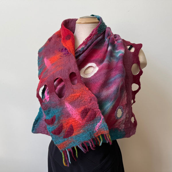 Red hand painted and hand felted wool art scarf. Art to wear.