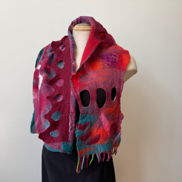 Red hand painted and hand felted wool art scarf. Art to wear.