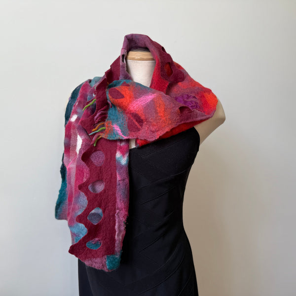 Red hand painted and hand felted wool art scarf. Art to wear.
