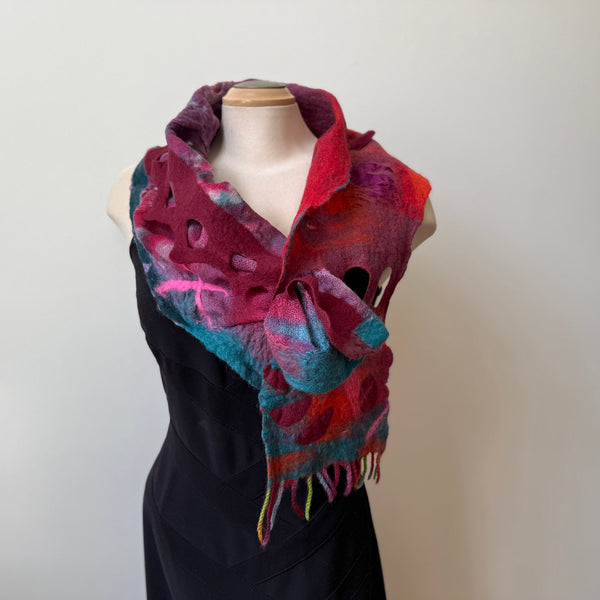 Red hand painted and hand felted wool art scarf. Art to wear.