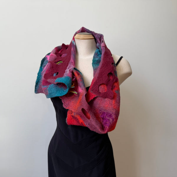 Red hand painted and hand felted wool art scarf. Art to wear.