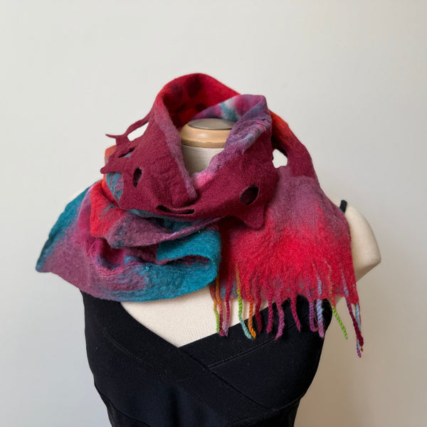 Red hand painted and hand felted wool art scarf. Art to wear.