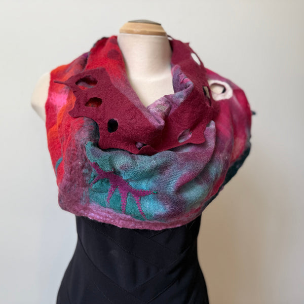 Red hand painted and hand felted wool art scarf. Art to wear.