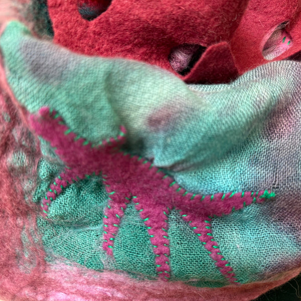 Red hand painted and hand felted wool art scarf. Art to wear.