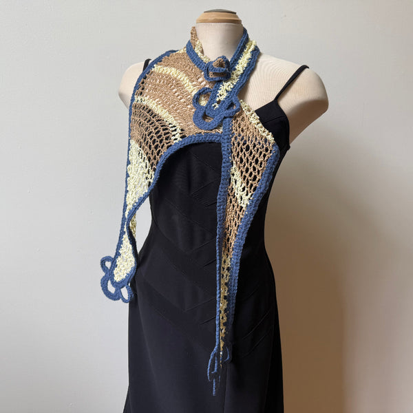 Unique hand-crochet art scarf, beige and blue, artwear, evening wear, boho scarf, lace shawl.