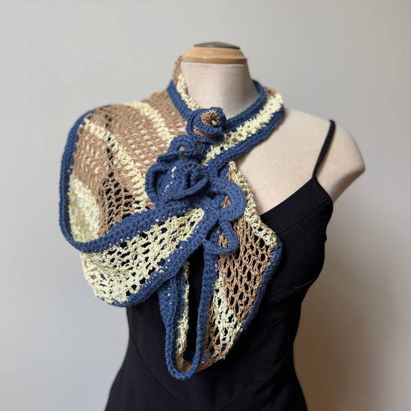 Unique hand-crochet art scarf, beige and blue, artwear, evening wear, boho scarf, lace shawl.