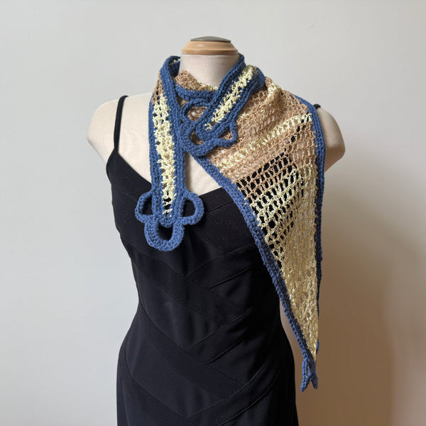 Unique hand-crochet art scarf, beige and blue, artwear, evening wear, boho scarf, lace shawl.