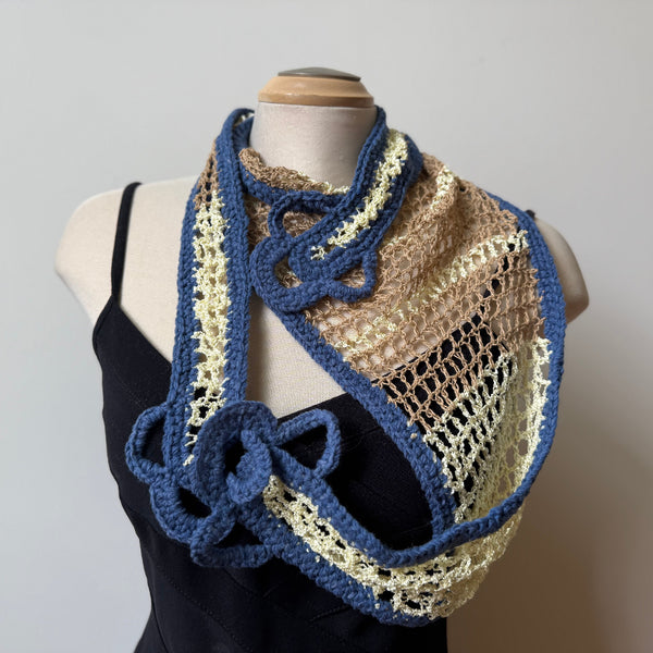 Unique hand-crochet art scarf, beige and blue, artwear, evening wear, boho scarf, lace shawl.