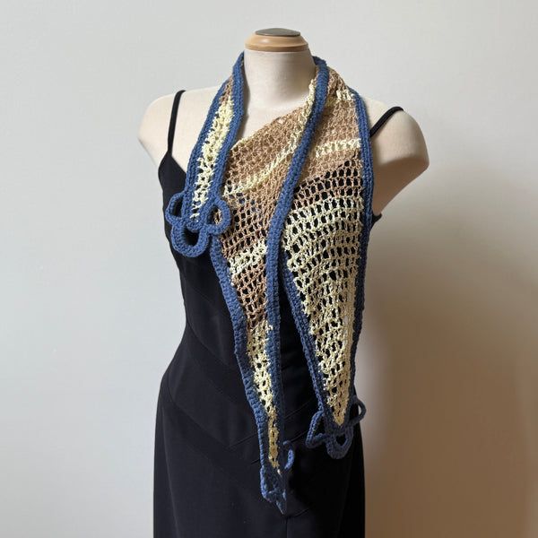 Unique hand-crochet art scarf, beige and blue, artwear, evening wear, boho scarf, lace shawl.