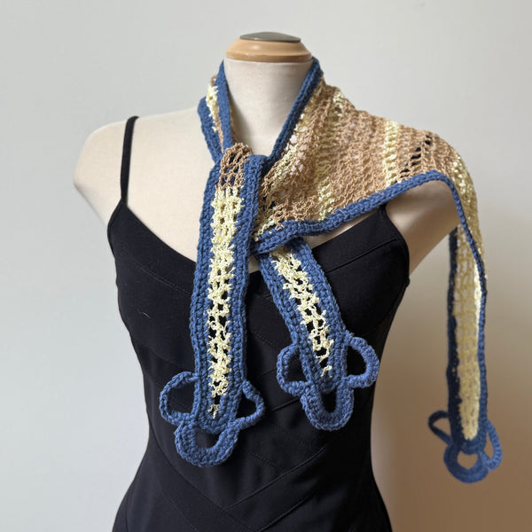 Unique hand-crochet art scarf, beige and blue, artwear, evening wear, boho scarf, lace shawl.