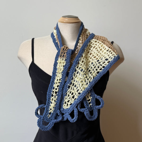 Unique hand-crochet art scarf, beige and blue, artwear, evening wear, boho scarf, lace shawl.