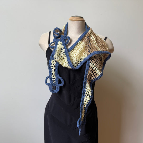 Unique hand-crochet art scarf, beige and blue, artwear, evening wear, boho scarf, lace shawl.