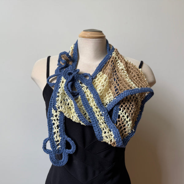 Unique hand-crochet art scarf, beige and blue, artwear, evening wear, boho scarf, lace shawl.