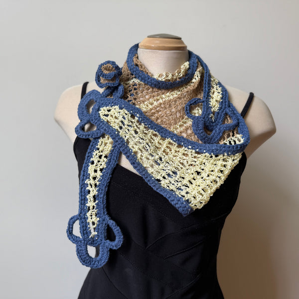 Unique hand-crochet art scarf, beige and blue, artwear, evening wear, boho scarf, lace shawl.
