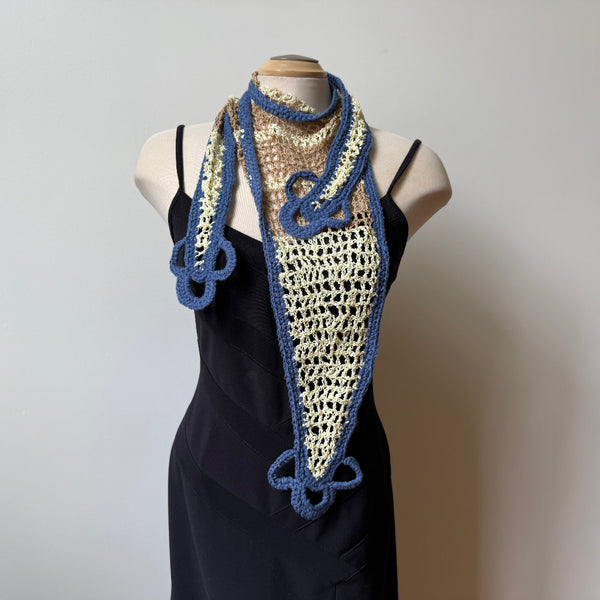 Unique hand-crochet art scarf, beige and blue, artwear, evening wear, boho scarf, lace shawl.