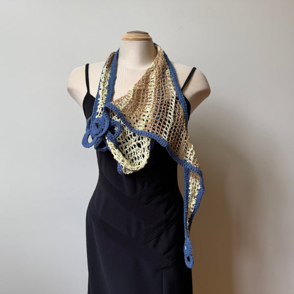 Unique hand-crochet art scarf, beige and blue, artwear, evening wear, boho scarf, lace shawl.