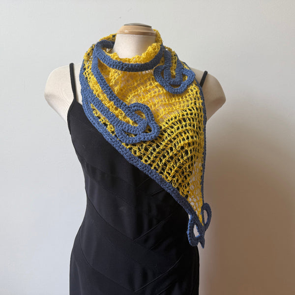 Linen hand crochet art scarf. Yellow and blue.