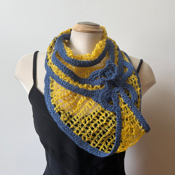 Linen hand crochet art scarf. Yellow and blue.