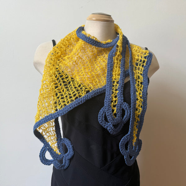 Linen hand crochet art scarf. Yellow and blue.