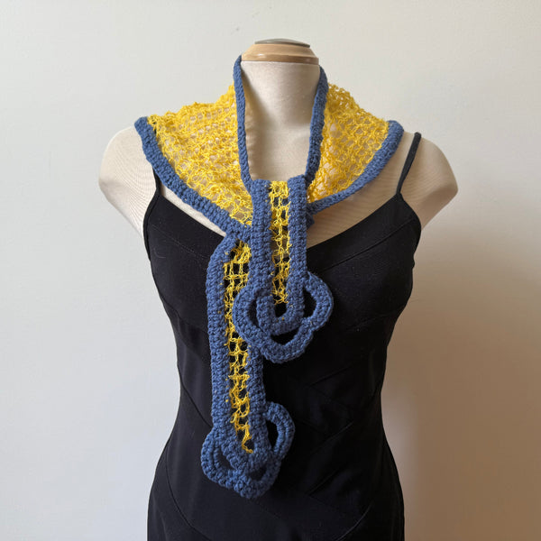 Linen hand crochet art scarf. Yellow and blue.