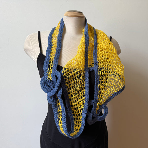 Linen hand crochet art scarf. Yellow and blue.