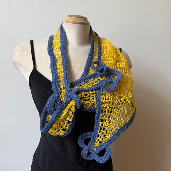 Linen hand crochet art scarf. Yellow and blue.