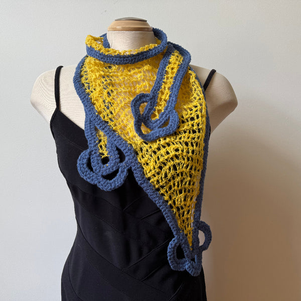 Linen hand crochet art scarf. Yellow and blue.