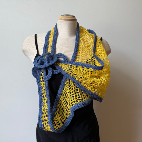 Linen hand crochet art scarf. Yellow and blue.