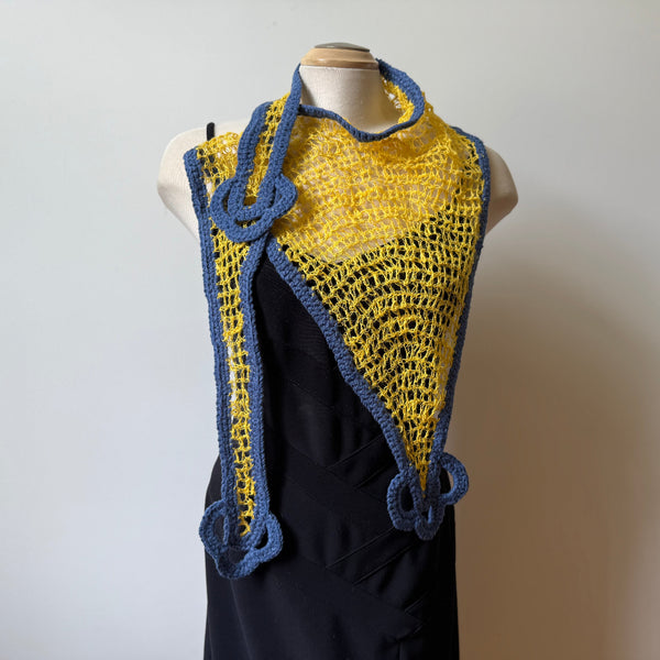 Linen hand crochet art scarf. Yellow and blue.