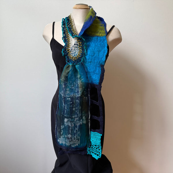 Unique art scarf hand painted, hand felted and hand crochet, blue and green