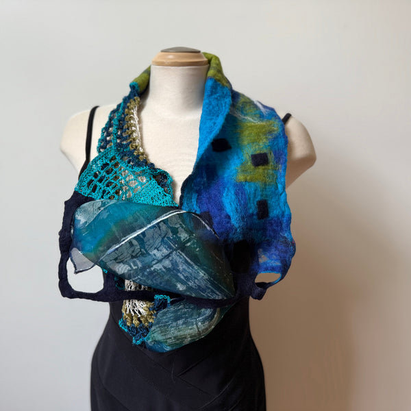 Unique art scarf hand painted, hand felted and hand crochet, blue and green