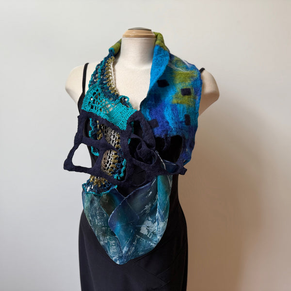 Unique art scarf hand painted, hand felted and hand crochet, blue and green