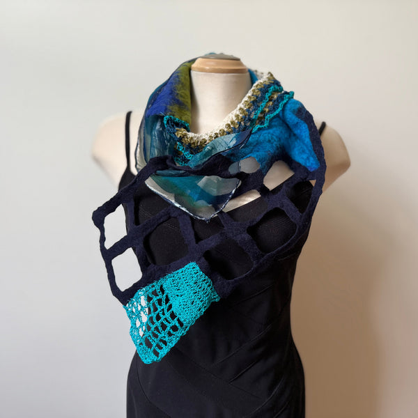 Unique art scarf hand painted, hand felted and hand crochet, blue and green