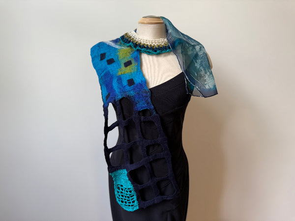 Unique art scarf hand painted, hand felted and hand crochet, blue and green