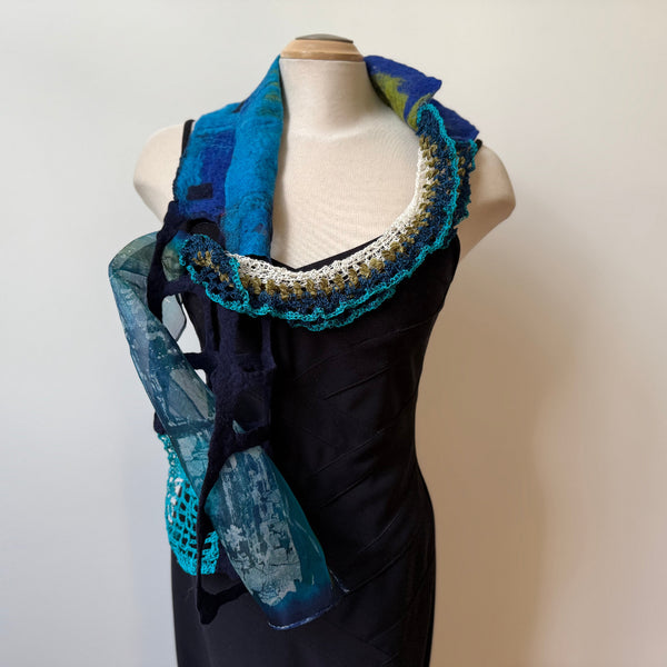 Unique art scarf hand painted, hand felted and hand crochet, blue and green