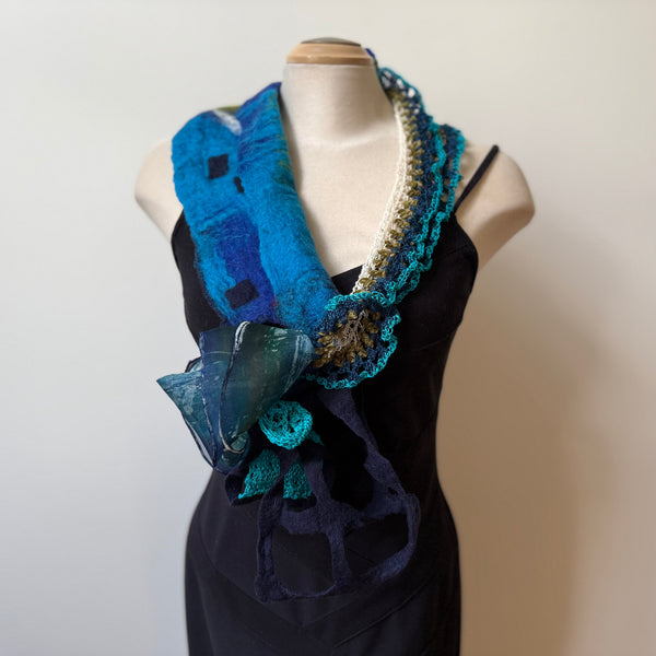 Unique art scarf hand painted, hand felted and hand crochet, blue and green