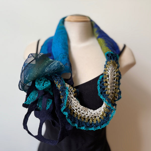 Unique art scarf hand painted, hand felted and hand crochet, blue and green