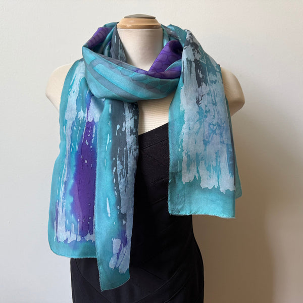 Batik silk scarf, hand painted, art to wear, designer scarf