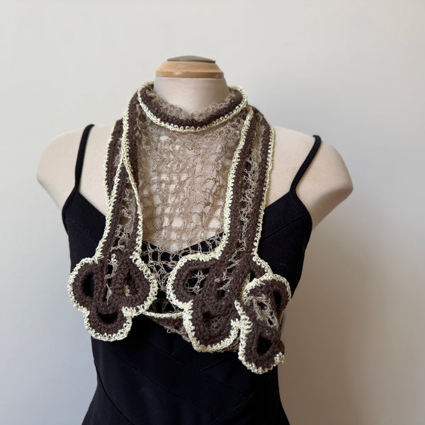 Hand crochet linen art scarf. Unique shape, many ways to tie it.