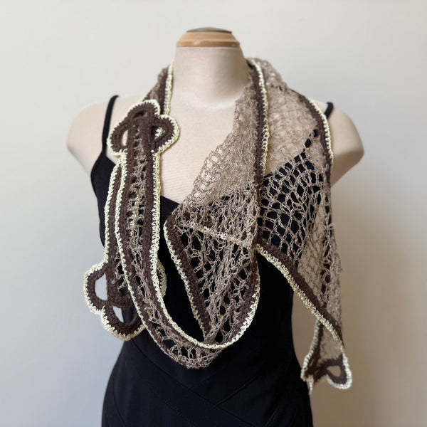 Hand crochet linen art scarf. Unique shape, many ways to tie it.