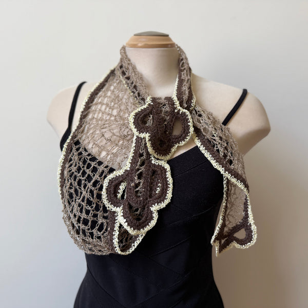Hand crochet linen art scarf. Unique shape, many ways to tie it.