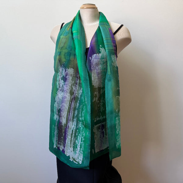 Green batik silk shawl, handpainted, art to wear. Rozome. Designer scarf.