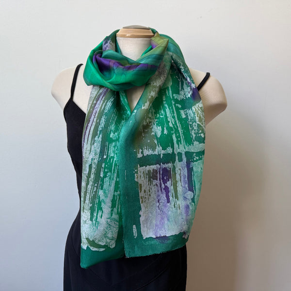 Green batik silk shawl, handpainted, art to wear. Rozome. Designer scarf.