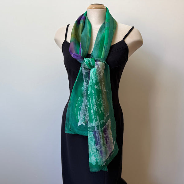 Green batik silk shawl, handpainted, art to wear. Rozome. Designer scarf.