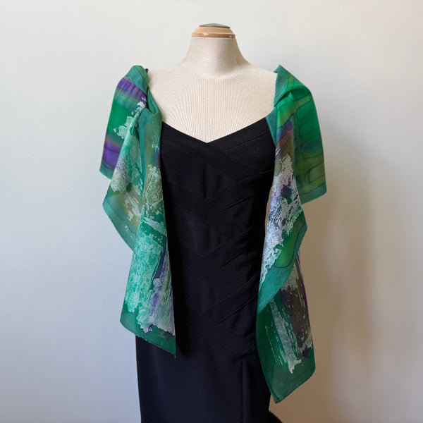 Green batik silk shawl, handpainted, art to wear. Rozome. Designer scarf.