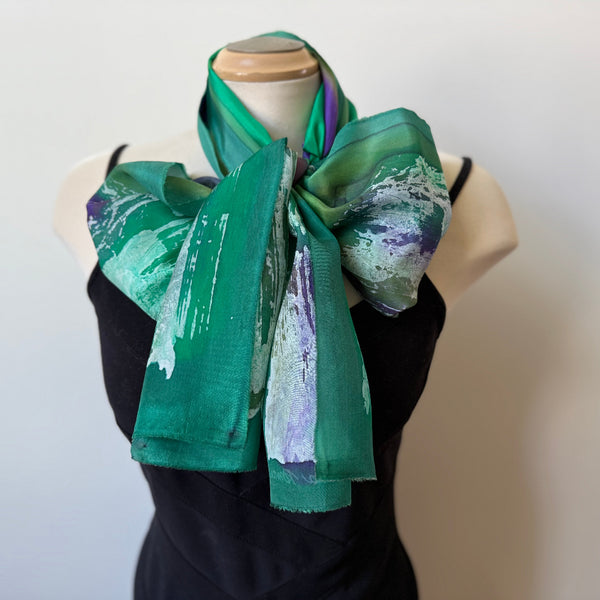 Green batik silk shawl, handpainted, art to wear. Rozome. Designer scarf.