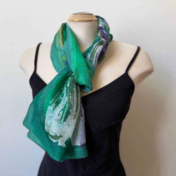 Green batik silk shawl, handpainted, art to wear. Rozome. Designer scarf.